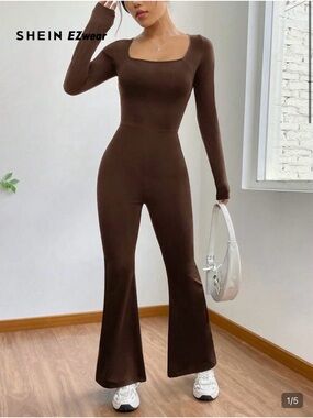 SHEIN Brown Square-Neck Flared Jumpsuit